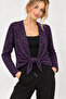 Women's Purple Black Melange Collarless Oversize Model Buttonless Knitwear Jacket Cardigan - 2