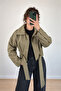 Women's Khaki Stand Collar Belted Short Jacket Regular Fit
