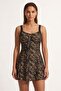 Women's Black Gold Leaf Patterned One-Piece Swimsuit with Skirt