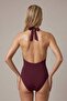 Women's Burgundy Deep V-Neck Backless One-Piece Swimsuit - 3