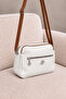 Women's Multi-Compartment White-Tan Frame Detailed Shoulder and Crossbody Strap Faux Leather Bag