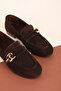 Women's Black Genuine Leather Loafer Shoes Hl.33202 Brown Suede - 6