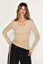 Maevia Women's Side Gathered V-Neck Long Sleeve Mink Blouse - 2