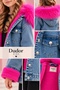 Girl's Removable Fuchsia Pink Fur Hooded Blue Thick Denim Coat - 5
