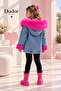 Girl's Removable Fuchsia Pink Fur Hooded Blue Thick Denim Coat - 3