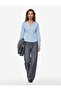 Cotton Long Sleeve V-Neck Buttoned Waist Accented Pleated Striped Shirt