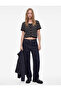 Metal Button Crew Neck Short Sleeve Striped Blouse