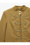 Long Sleeve Ornate Buttoned Pocketed Napoleon Closure Stand Collar Jacket - 8