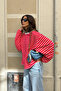 Red Crew Neck Striped Long Sleeve T-Shirt Mg2362
