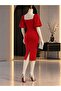 Self Belted Crepe Fabric Short Sleeve Dress 582439 Red - 4