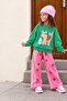 Girl's Green Cat Printed Cotton Sweatshirt and Pink Polka Dot Sweatpants Top and Bottom Set