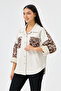 Women's Ecru Italian Suede Shirt Jacket with Leopard Pattern Pocket and Stones, Oversize Wide Fit, Size 40 - 46 - 3