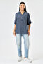 Women's Navy Blue Italian Line Pattern Court Collar Folded Fakir Sleeve Half Buttoned Blouse 40 - 44 Size - 5