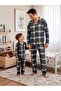 Father-Child Milan Fabric Blue Gray Striped Plaid Patterned Shirt Collar Buttoned Pajama Set