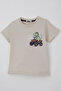Boy's Shorts Set with Cool Atv Driver Dino Back Print Detail, Ages 3-8, Beige - 8