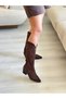 Brown Suede Laser Cut Perforated Thick Heeled Summer Cowboy Boots - 4