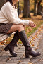 Women's Round Toe Thick Heeled Elastic Suede Detailed Boots Voleris Brown - 4