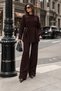 Women's Burgundy Waist-Tied Button Detailed Corded Fabric Knitwear Sweater Trousers Two-Piece Set - 7