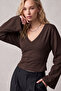 Brown V-Neck Bat Sleeve 97% Cotton T-Shirt