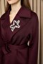 Women's Belted Jacket Set with Collar Accessories - 14389Tkm Claret Red - 6