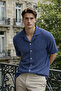 Men's Trend Relax Fit Navy Blue Linen Shirt - 2