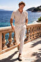 Men's Premium Comfort Polo Collar Cream Linen Shirt - 3