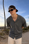 Men's Basic Polo Collar Black Summer Linen Shirt - 3