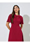 Red Solid Short Sleeves A-Line Midi Dress - 2