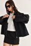 Women's Black Oversize High Collar Zippered Raglan Sleeve A-Line Short Trench Coat 2100 60286511 - 6