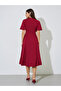 Red Solid Short Sleeves A-Line Midi Dress - 5