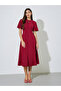 Red Solid Short Sleeves A-Line Midi Dress - 3