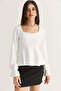 Women's White Square Collar Gathered Sleeve Detailed Blouse Modal 588 60286493 - 2
