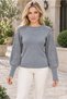 Women's Crew Neck Long Sleeve Balloon Sleeve Openwork Cuff Ribbed Knit Detailed Stylish Elegant Trendy Casual Gray Knitwear Sweater