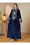 Navy Blue Velvet Notch Neck Maxi Jalabiya With Silver Embroidery - 2