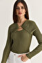 Women's Green Gold Accessory Double Breasted Collar Low-Cut Detailed Knitted Blouse 401-4 60286496 - 4