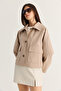 Women's Beige Wide Pointed Collar Pocketed Plaid Lined Short Trench Coat 5570 60286506 - 3