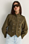 Women's Dark Green Mao Collar Decorative Buttoned Slim Fit Denim Napoleon Jacket 2955 60286503 - 3