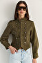 Women's Dark Green Mao Collar Decorative Buttoned Slim Fit Denim Napoleon Jacket 2955 60286503 - 4