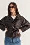 Women's Bitter Brown Stand Collar Epaulettes Belted Regular Fit Faux Leather Jacket 3178 60286513 - 2