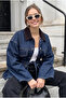 Women's New Season, Navy Blue, Suede Collar, Mobile Belted Denim Jacket - 2