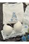 Ecru Ribbon Patterned 4-Piece Bra and Long Sleeve Imported Premium French Velvet Pajama Set - 4
