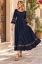 Women's Three Quarter Sleeves Wide U-Neck Tulle Stripe Detailed Long Janjan Crepe Dress - 7