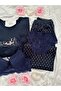 Navy Blue Star Patterned 4-Piece Bra and Long Sleeve Imported Premium French Velvet Pajama Set - 2