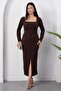 Square Neckline Front Slit Stoned Dress 2026-5004 - 3