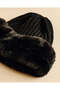 Women Black Ribbed Faux Fur Trim Beanie - 2