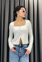 Square Collar Covered Buttoned Blouse-Ecru Ekru