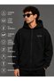 Men's Black Hooded Zip-Up Oversized Brushed Inside Printed Sweatshirt Winter School Cardigan