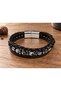 Kendario Steel Tokens Black Leather Men's Bracelet - Multi-Row with Patterned Metal Beads - 3