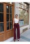 Cuffed Belted Palazzo Fabric Trousers - Plum Plum