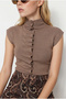 Women's Mink Soft Textured Patch Detailed Stand Collar Buttoned Blouse Th261018 60286490 - 3
